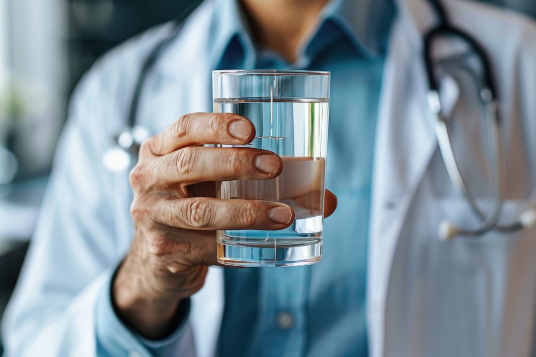 Close-up of a doctor's hand holding a glass of water.  The image emphasizes the importance of hydration for healthcare professionals.