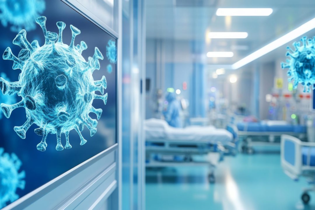 A digital representation of a virus in a hospital setting, highlighting the intersection of healthcare and infectious diseases.